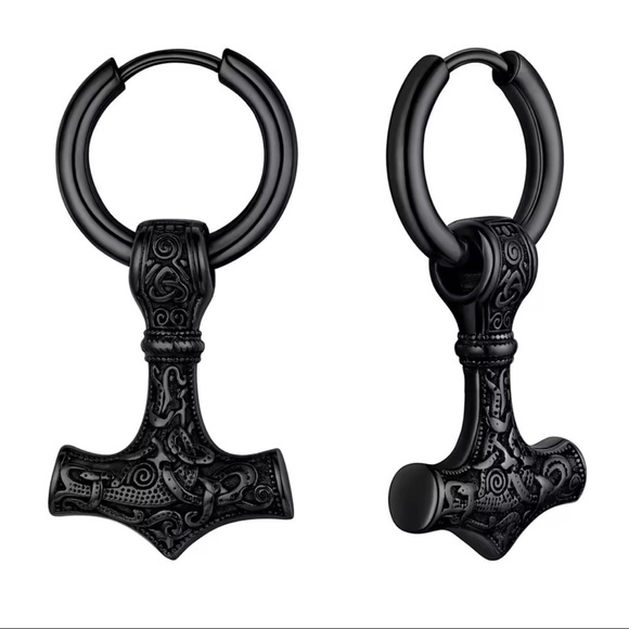 Black Gun Metal Gold Mjolnir Thor’s Hammer Viking Runes Unisex Hoop Earrings - Picture 3 of 7